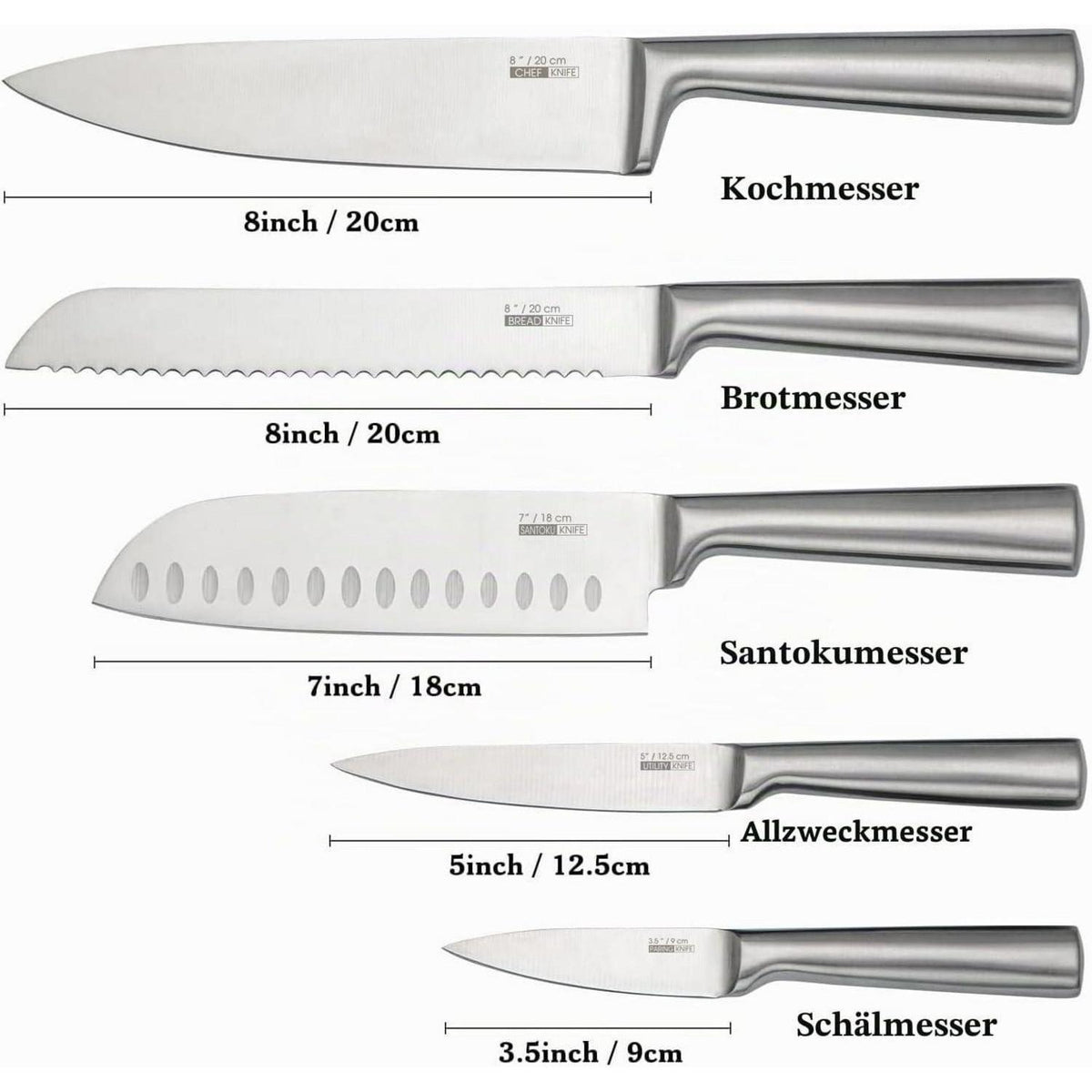 5-tlg. Profi Küchenmesser Set Edelstahl, Scharf & Rutschfest