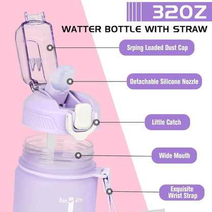 CodiCile Trinkflasche 1L mit Strohhalm, Zeitmarkierung und