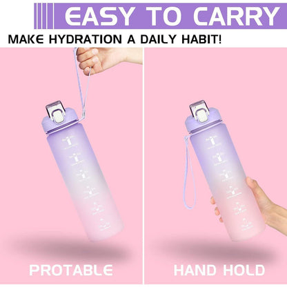 CodiCile Trinkflasche 1L mit Strohhalm, Zeitmarkierung und