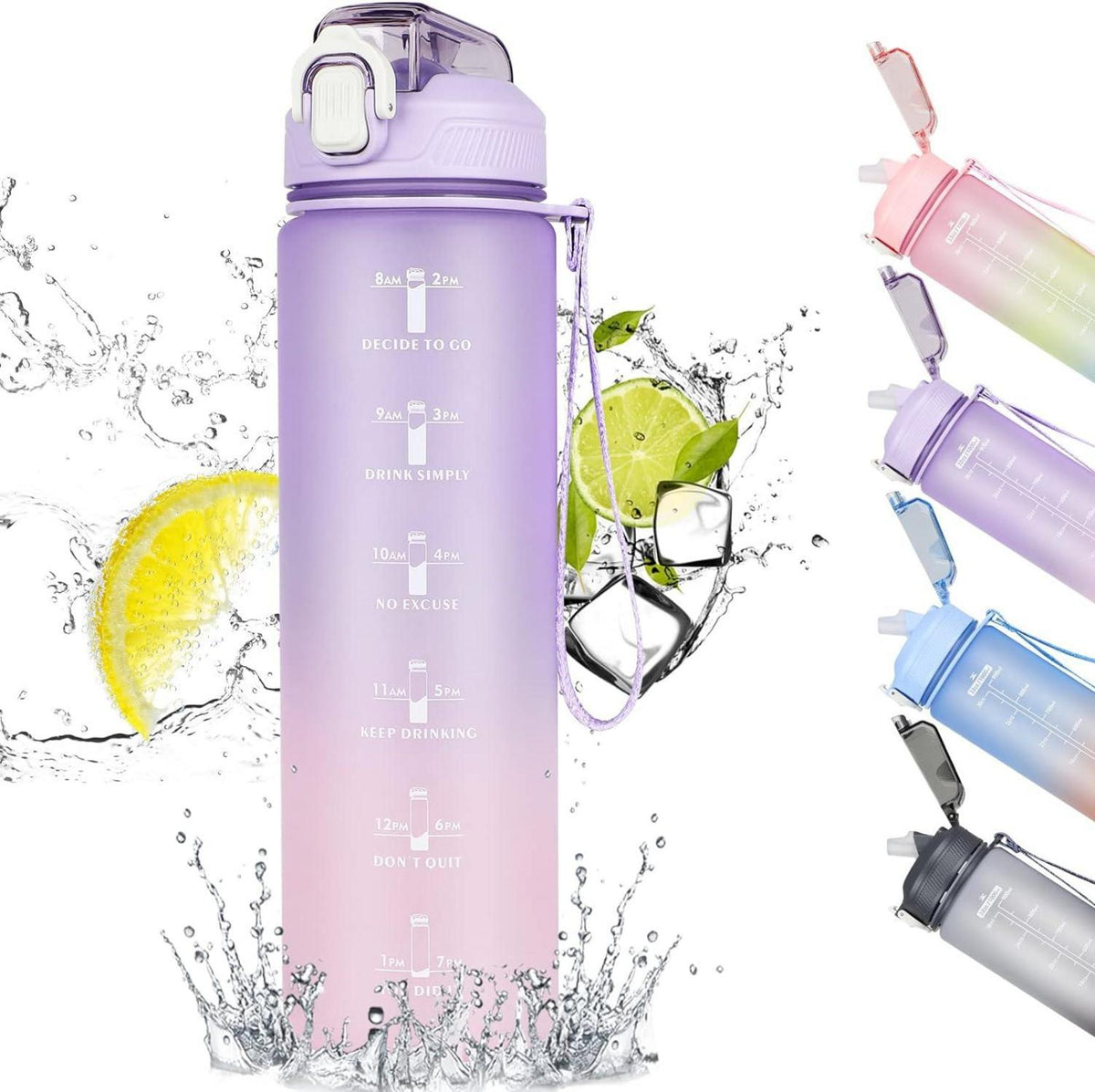 Trinkflasche Sport 1L mit Strohhalm, Zeitmarkierung & BPA-frei