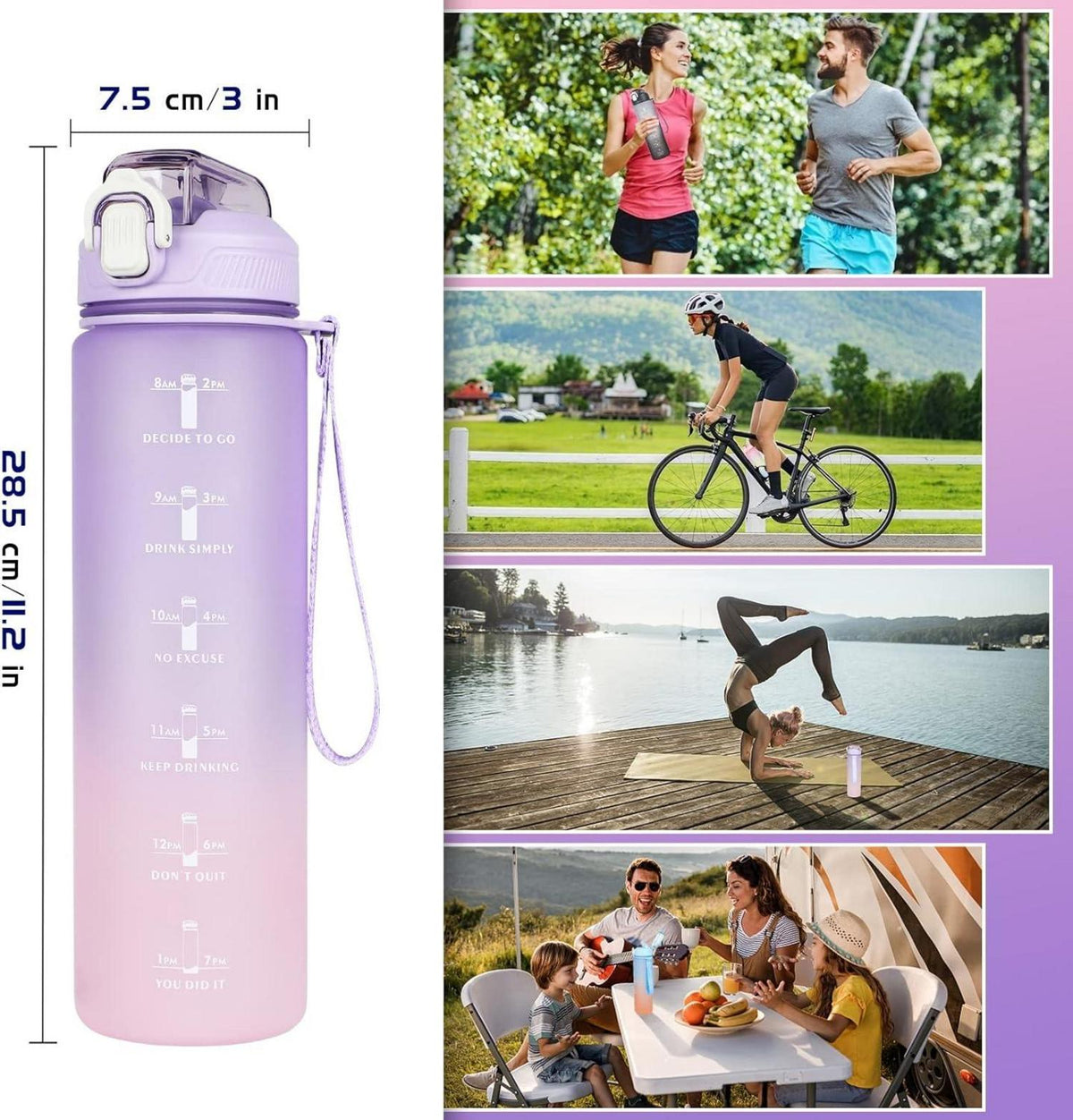 Trinkflasche 1L Strohhalm Wasserflasche Zeitmarkierung lila Farbverlauf