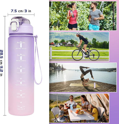 Trinkflasche 1L Strohhalm Wasserflasche Zeitmarkierung lila Farbverlauf