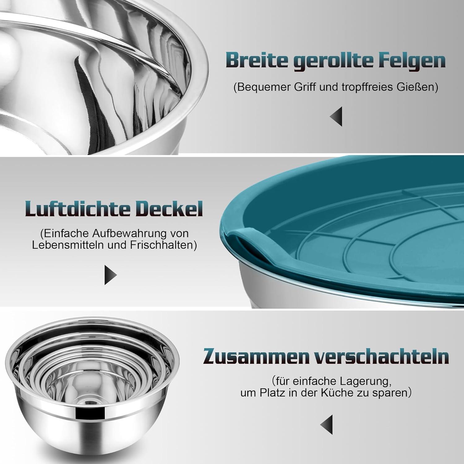 Homikit 5-teilig Edelstahl Rührschüssel Set mit Deckel Blau 4.5 L / 2.7 L / 1.5 L / 1.2 L / 0.7 L