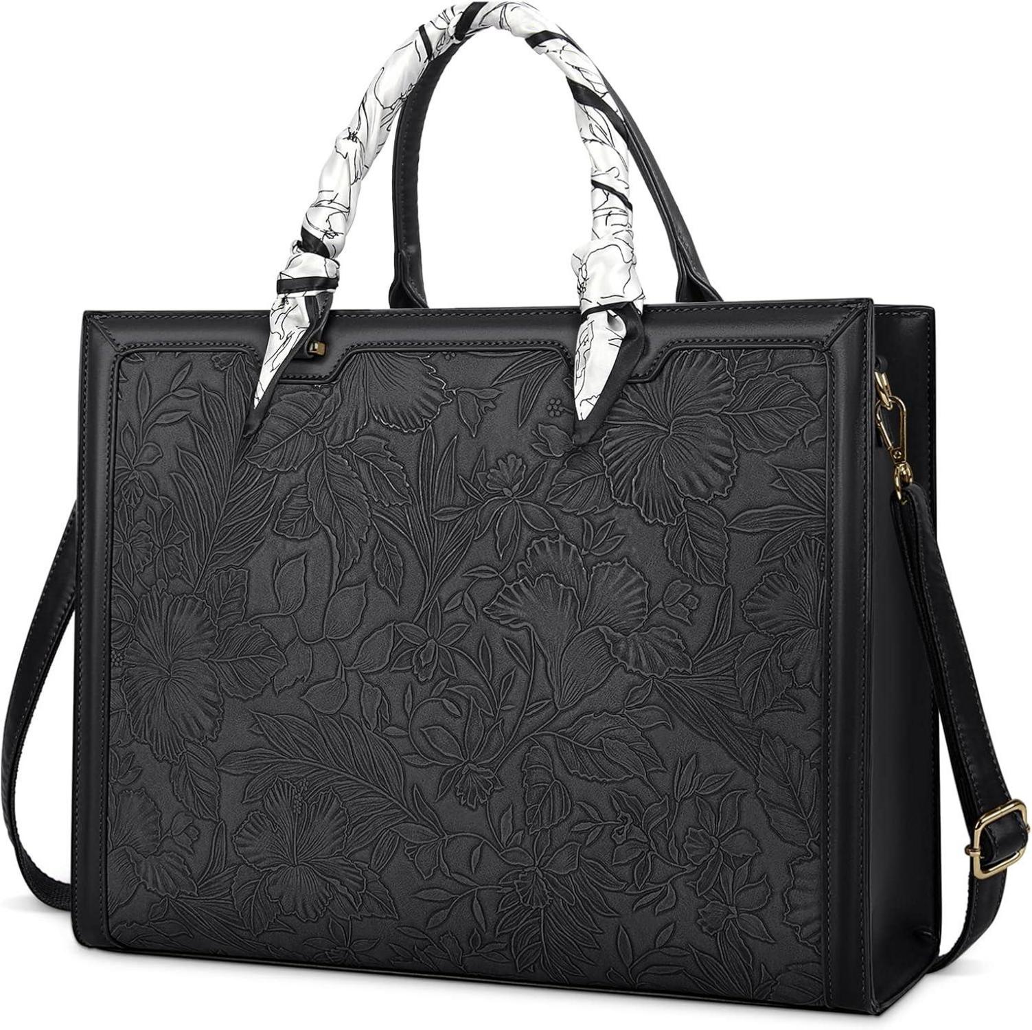 Schwarze Große Handtasche Damen Leder Umhängetasche 15.6 Zoll