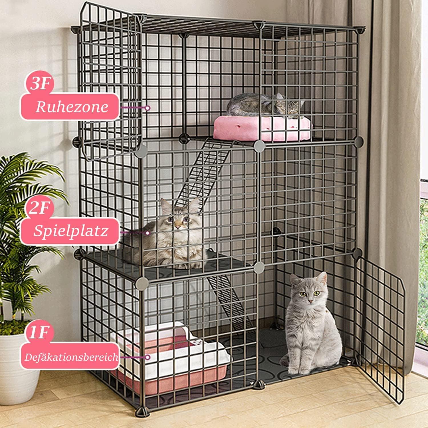 Katzengehege 3-stöckig 109 x 75 x 39 cm Schwarz Metall Outdoor