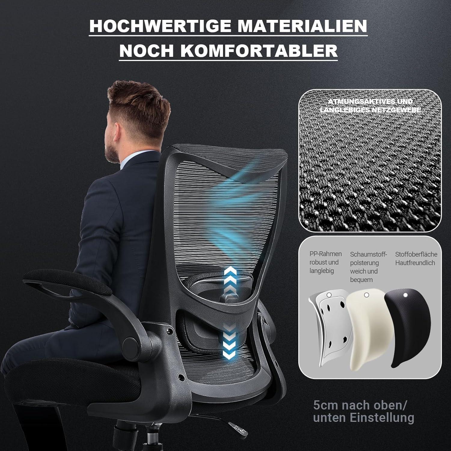 Bürostuhl Ergonomisch mit klappbaren Armlehnen und verstellbarer Lendenstütze