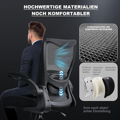 Bürostuhl Ergonomisch mit klappbaren Armlehnen und verstellbarer Lendenstütze