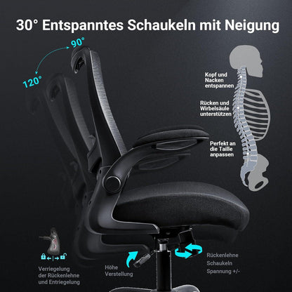 Ergonomischer Bürostuhl mit klappbaren Armlehnen und verstellbarer Lendenstütze