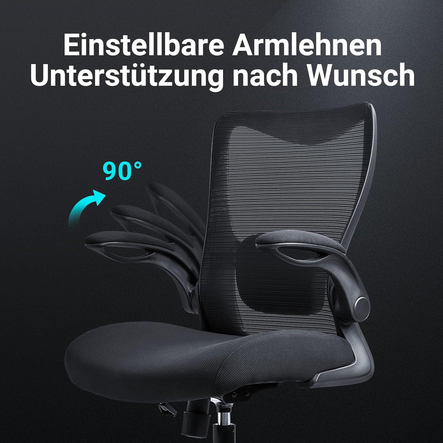 Ergonomischer Bürostuhl mit klappbaren Armlehnen und verstellbarer Lendenstütze