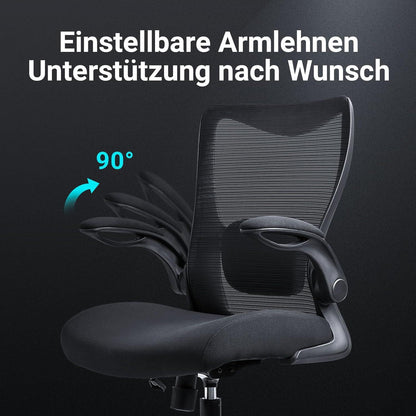 Ergonomischer Bürostuhl mit klappbaren Armlehnen und verstellbarer Lendenstütze