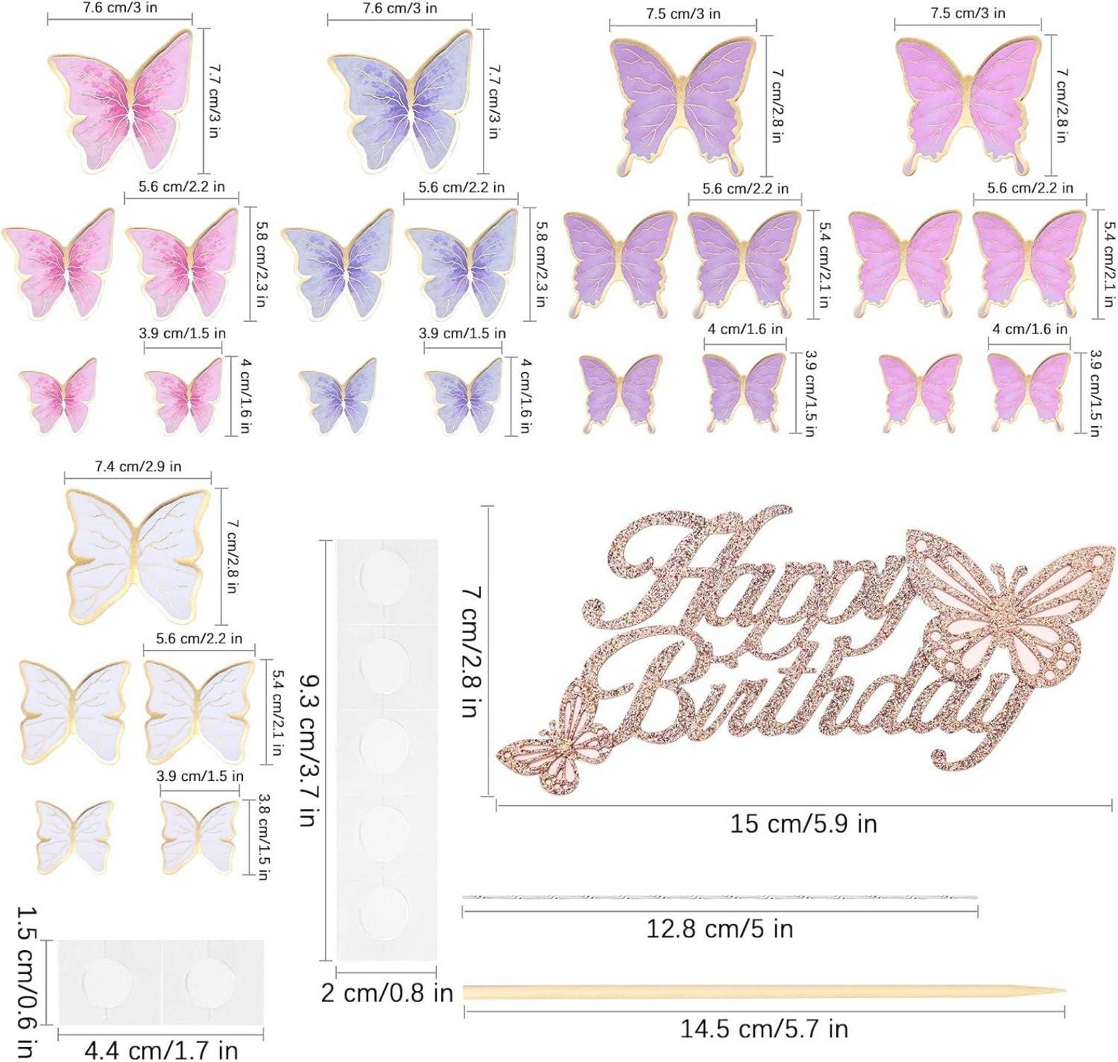 26 Stück Schmetterlinge Tortendeko Mädchen Happy Birthday Cupcake