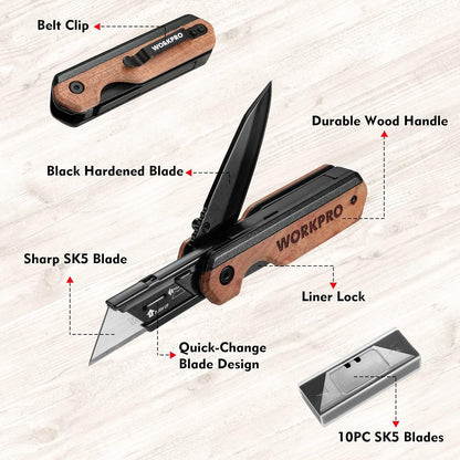 Klappbares 2-IN-1 Taschenmesser mit Holzgriff und 10 Klingen