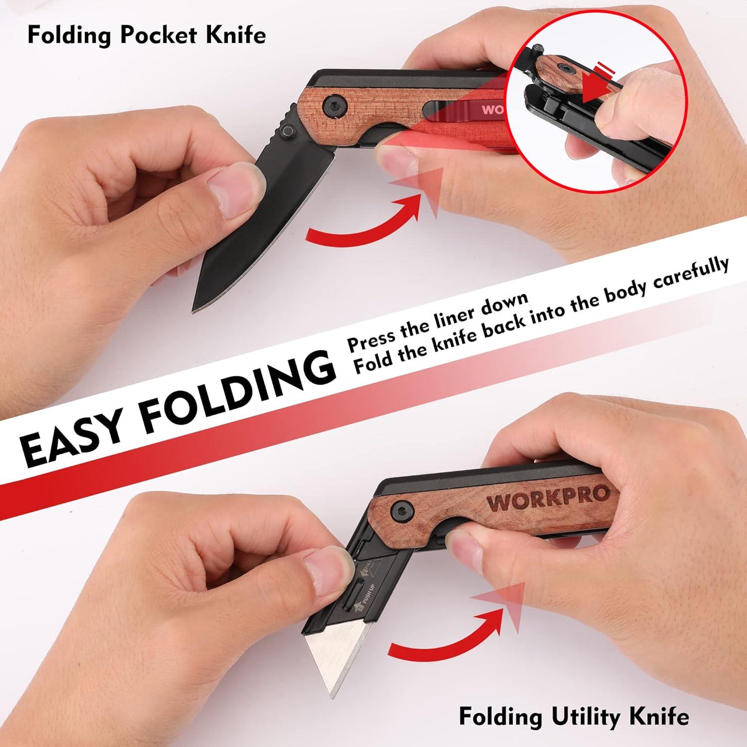 WORKPRO 2-IN-1 Taschenmesser Aluminium Holzgriff Gürtelclip 10 Klingen