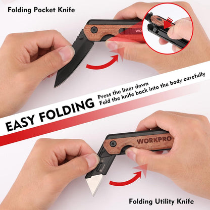 WORKPRO 2-IN-1 Taschenmesser Aluminium Holzgriff Gürtelclip 10 Klingen