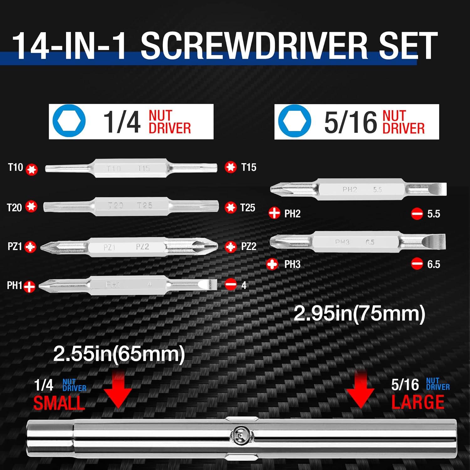 14-in-1 Schraubendreher-Set Cr-V Multi-Bit Verlängerung 4 Kopfformen