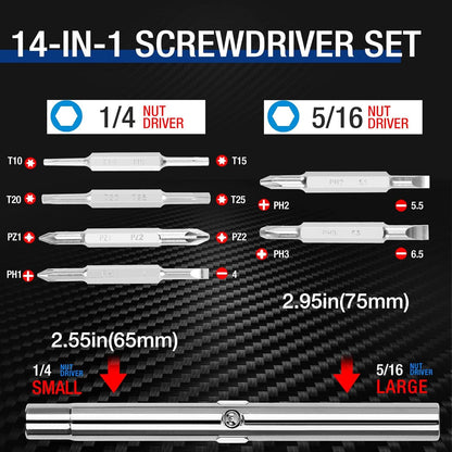 14-in-1 Schraubendreher-Set Cr-V Multi-Bit Verlängerung 4 Kopfformen