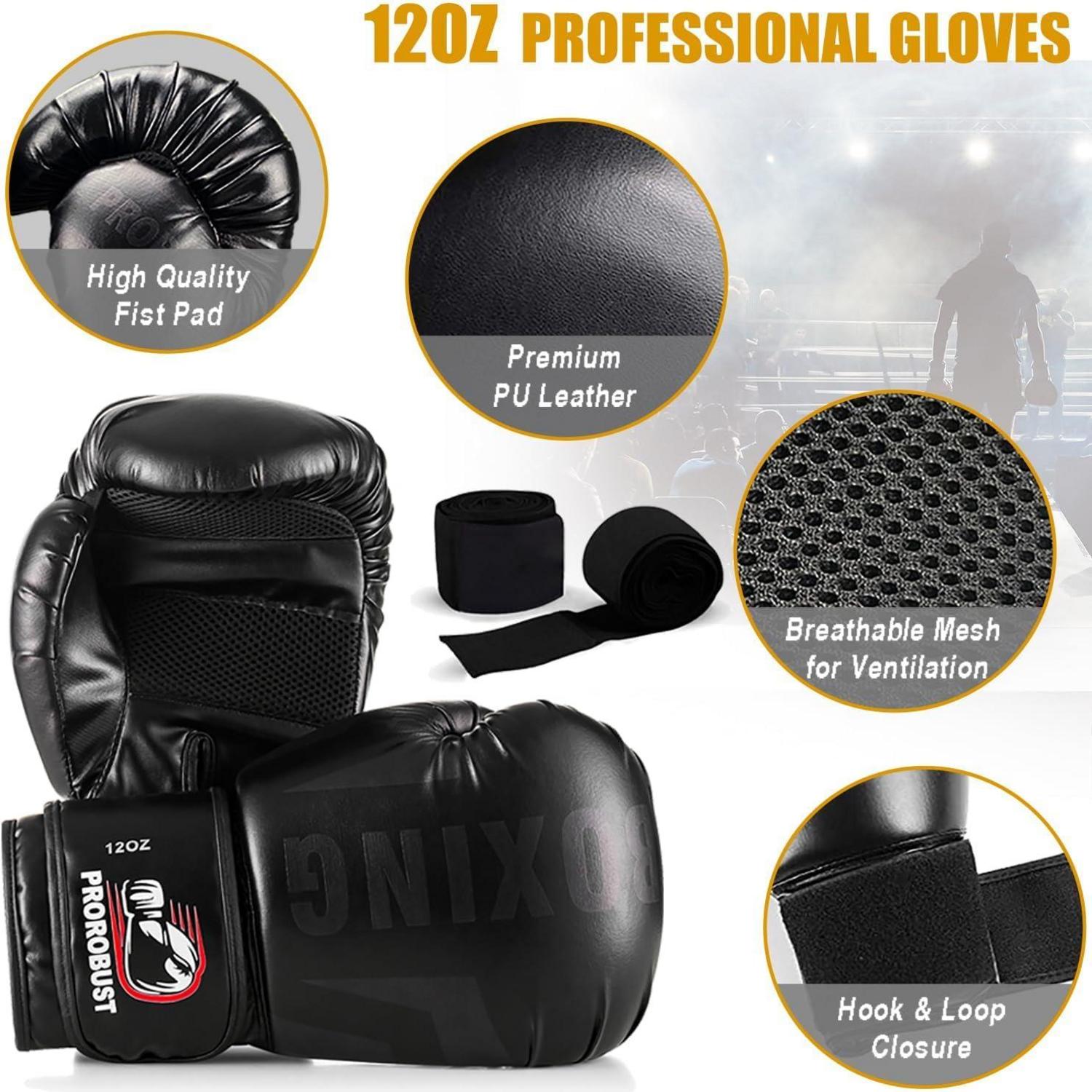 Prorobust Boxsack-Set 120cm PU Heavy Duty mit 12OZ Boxhandschuhen MMA Kickboxen Training Schwarz