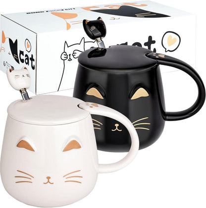 Süße Katzen-Kaffeetassen-Set mit Deckel und Löffel