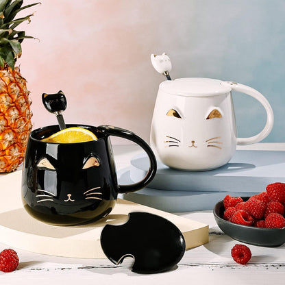 Süße Katzen-Kaffeetassen-Set mit Deckel und Löffel