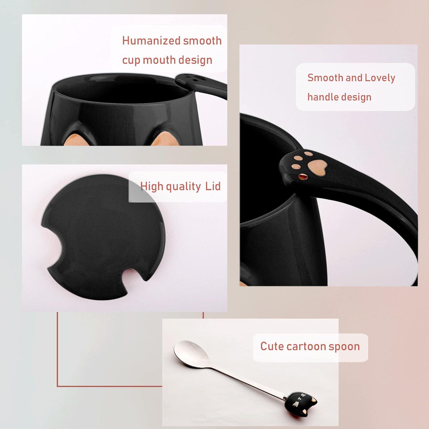 Süße Katzenbecher-Set mit Deckel und Löffel - 2er-Pack 450ML Weiß/Schwarz