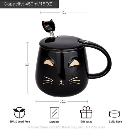 Katzen-Kaffeetasse-Set mit Deckel und Löffel, süße Becher für