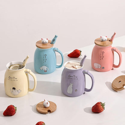 4er Set Süße Katzenbecher Keramik Kaffeetassen Deckel Tasse