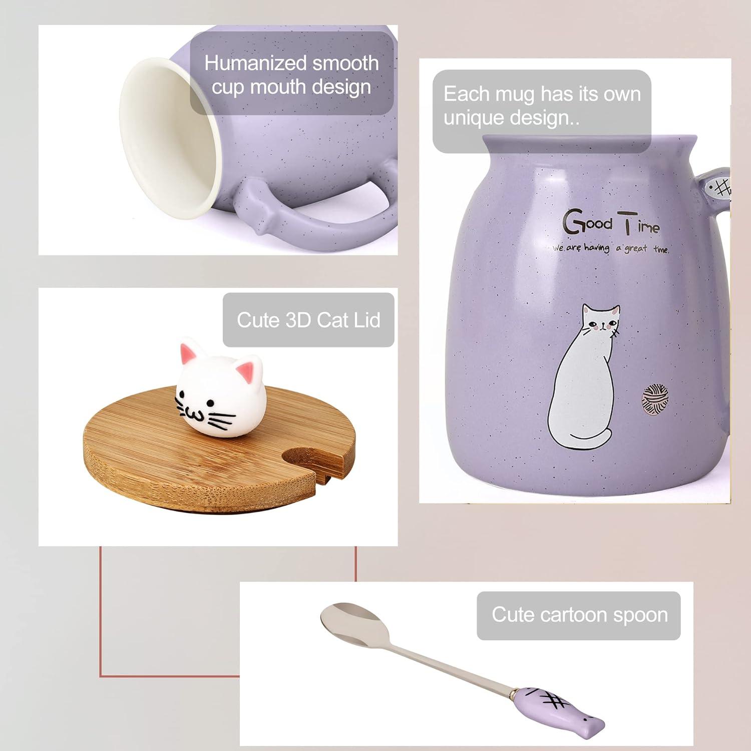 4er Set süße Katzenbecher Keramik Tasse 450ML Lovely Kitty Deckel Blau Rosa Lila