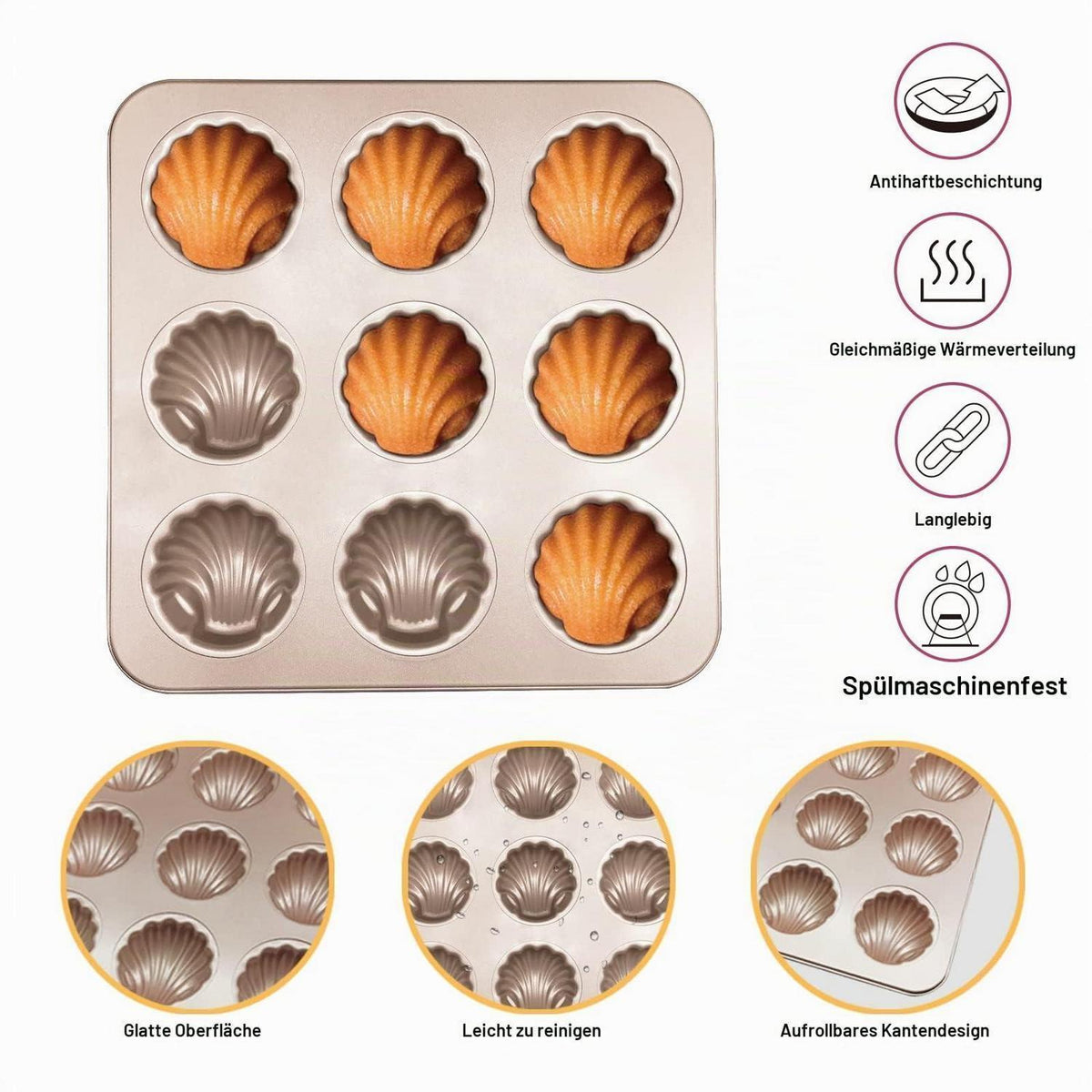 Madeleine Backform aus Karbonstahl – 9 Mulden für Cupcakes & Co.