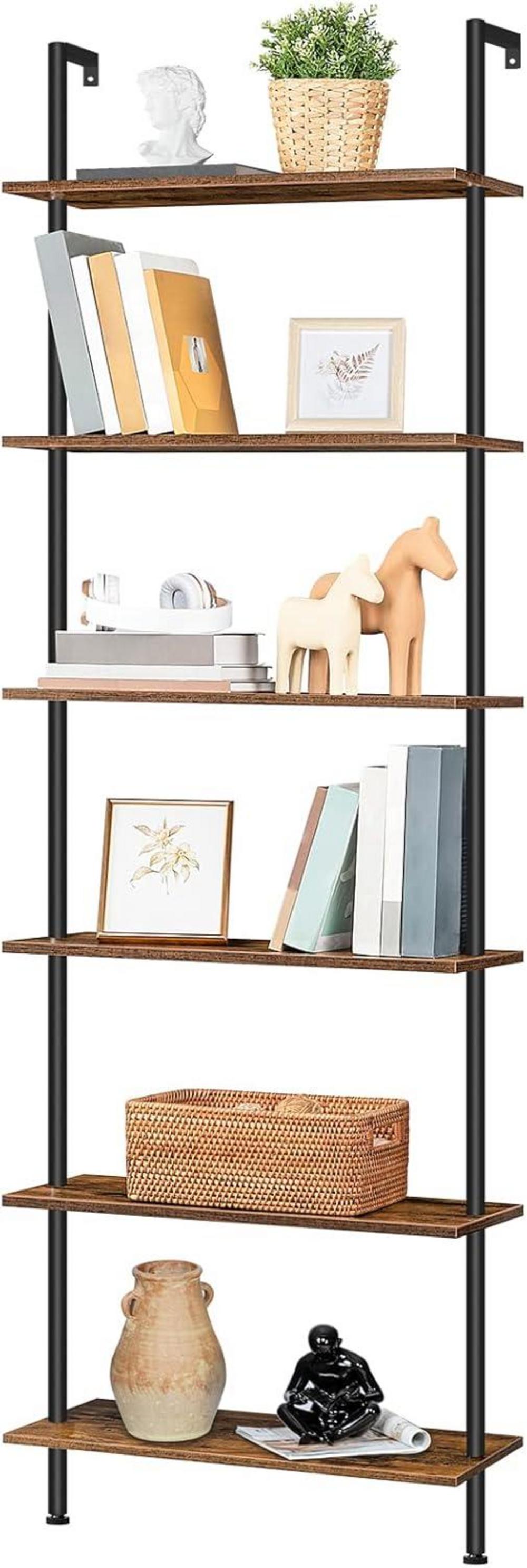 6-stöckiges DIY Bücherregal, industriell, Leiterregal, Spanplatten, vertikal, Metallrahmen, Dunkelbraun