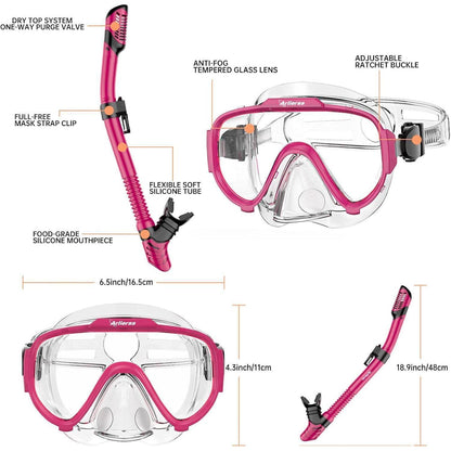 Schnorchelset Erwachsene mit Panorama Maske und Dry Schnorchel – Rosa