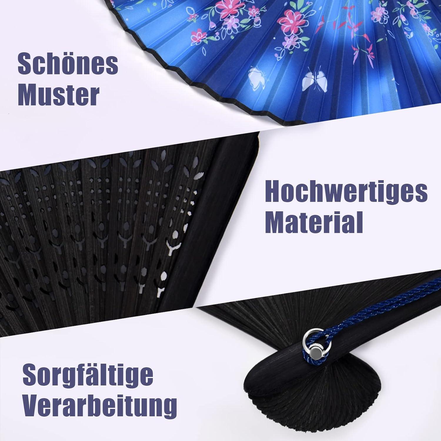 WEARXI Handfächer aus Bambus und Seidenstoff - 4er Set Blau