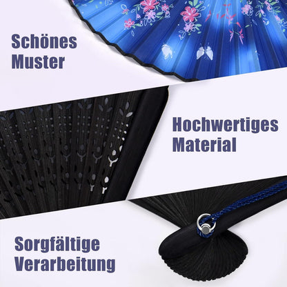 WEARXI Handfächer aus Bambus und Seidenstoff - 4er Set Blau