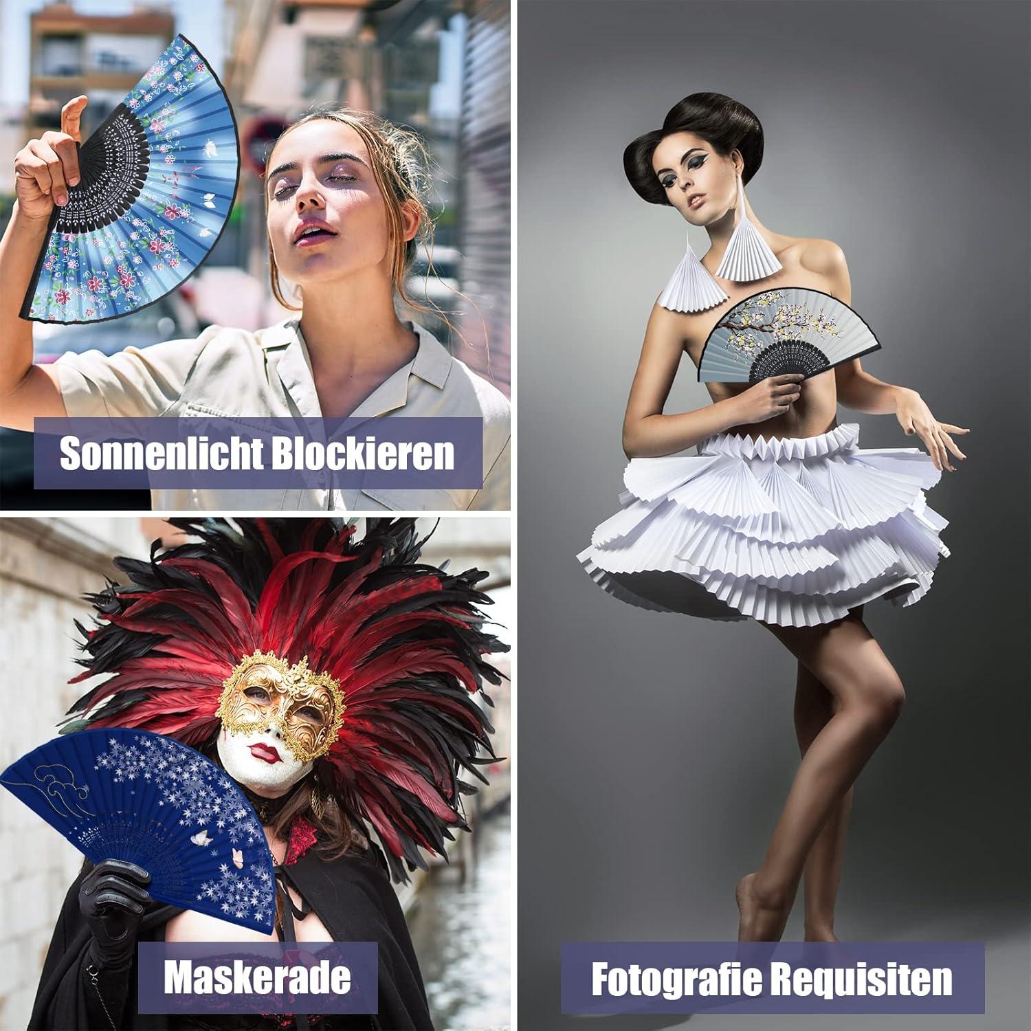 4er Set Handfächer Bambus Seide Blau Hochzeit Party Deko