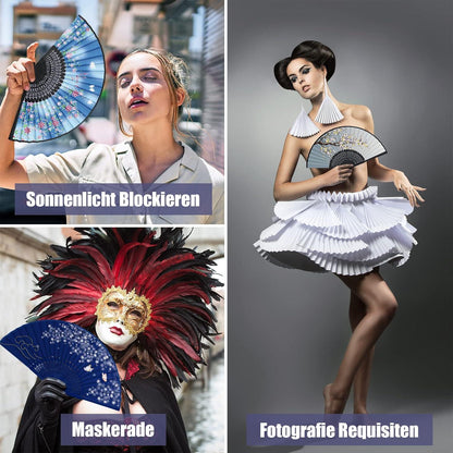 4er Set Handfächer Bambus Seide Blau Hochzeit Party Deko