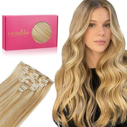 Echthaar Clip-in Extensions Karamellblond Highlights 55cm