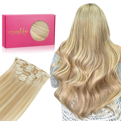 Echthaar Clip-in Extensions Dreckiges Blond Highlights 45cm