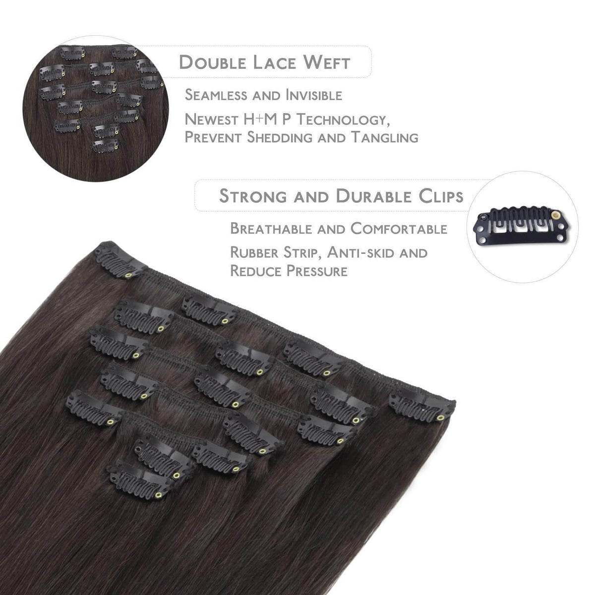 Echthaar Clip-in Extensions Dunkelbraun 55cm - 70g