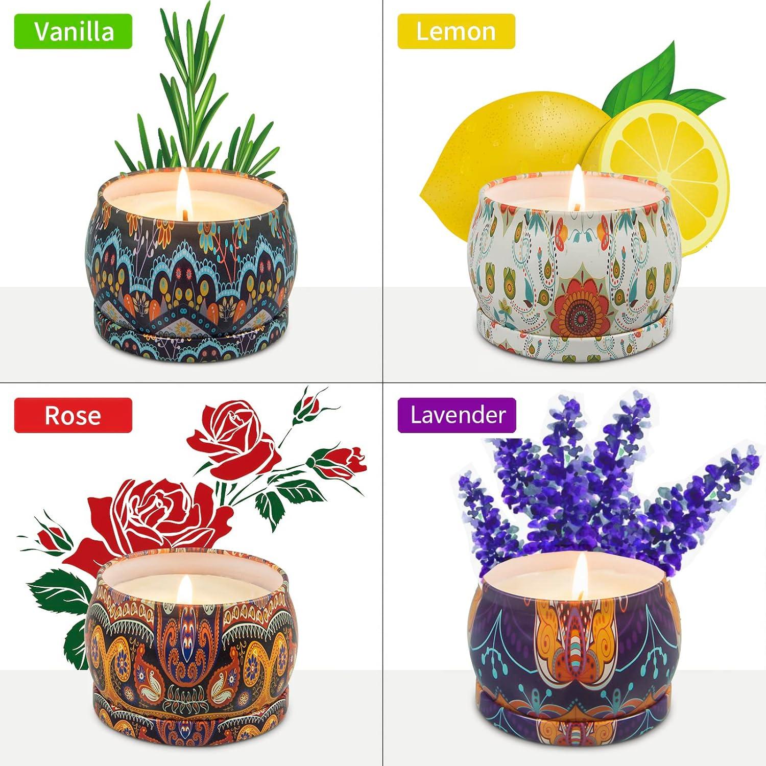 Sojawachs-Duftkerzen Geschenkset Rose Orange Vanille Zitrone 4er Pack 120 Std. Aromatherapie-Kerzen