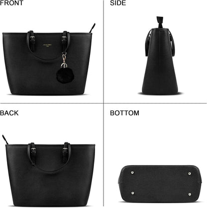 Damen Handtasche Schwarz Shopper Leder Kaninchen Pelz Kugel Plüsch