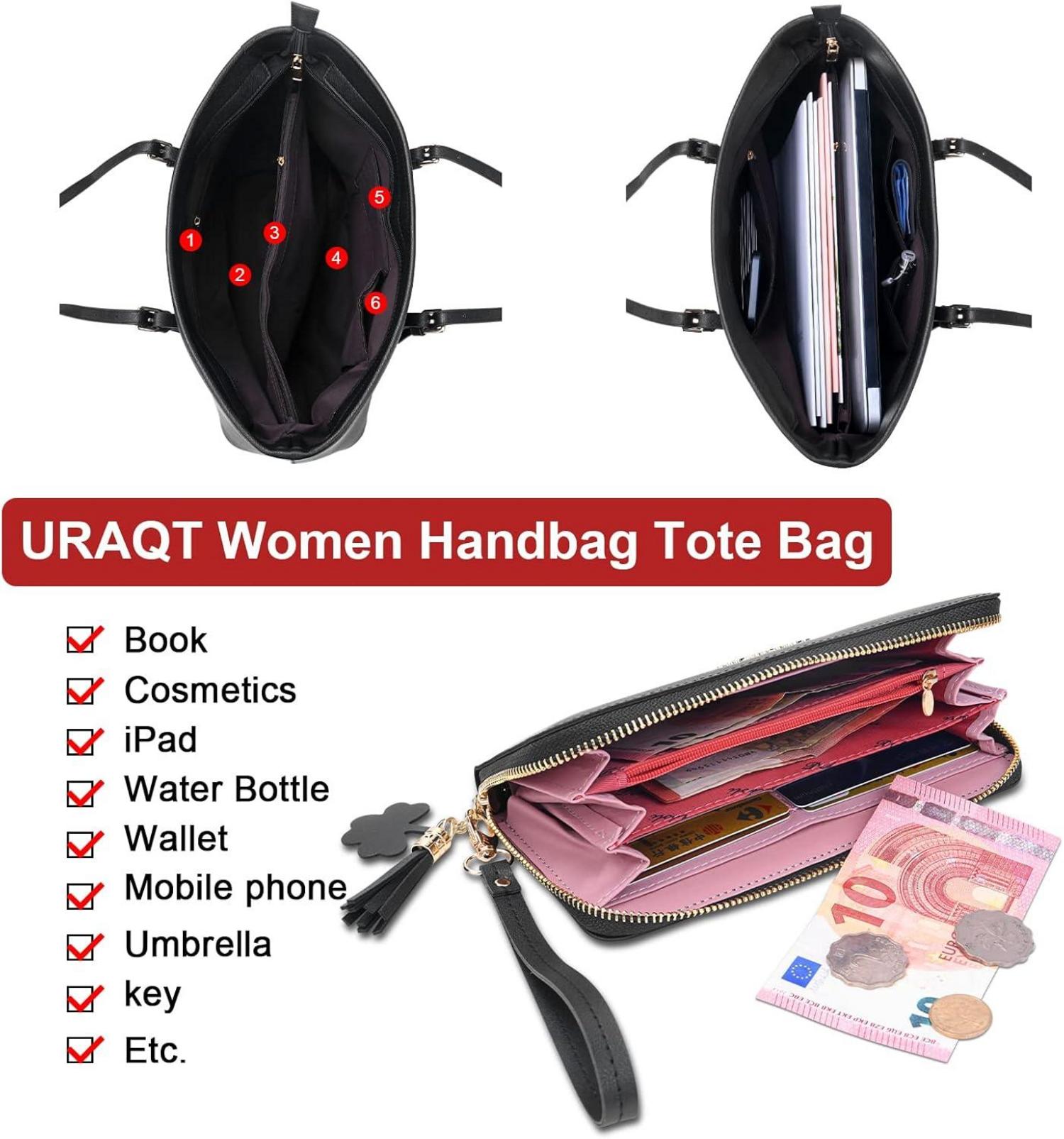 Damen Handtasche Schwarz Leder Shopper Kaninchen Pelz Kugel Plüsch
