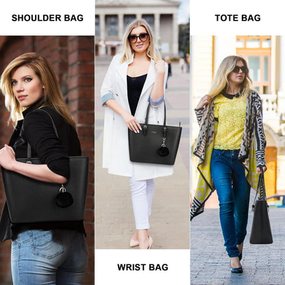 Damen Handtasche Schwarz Groß PU Leder Shopper mit Kaninchen Pelz Kugel