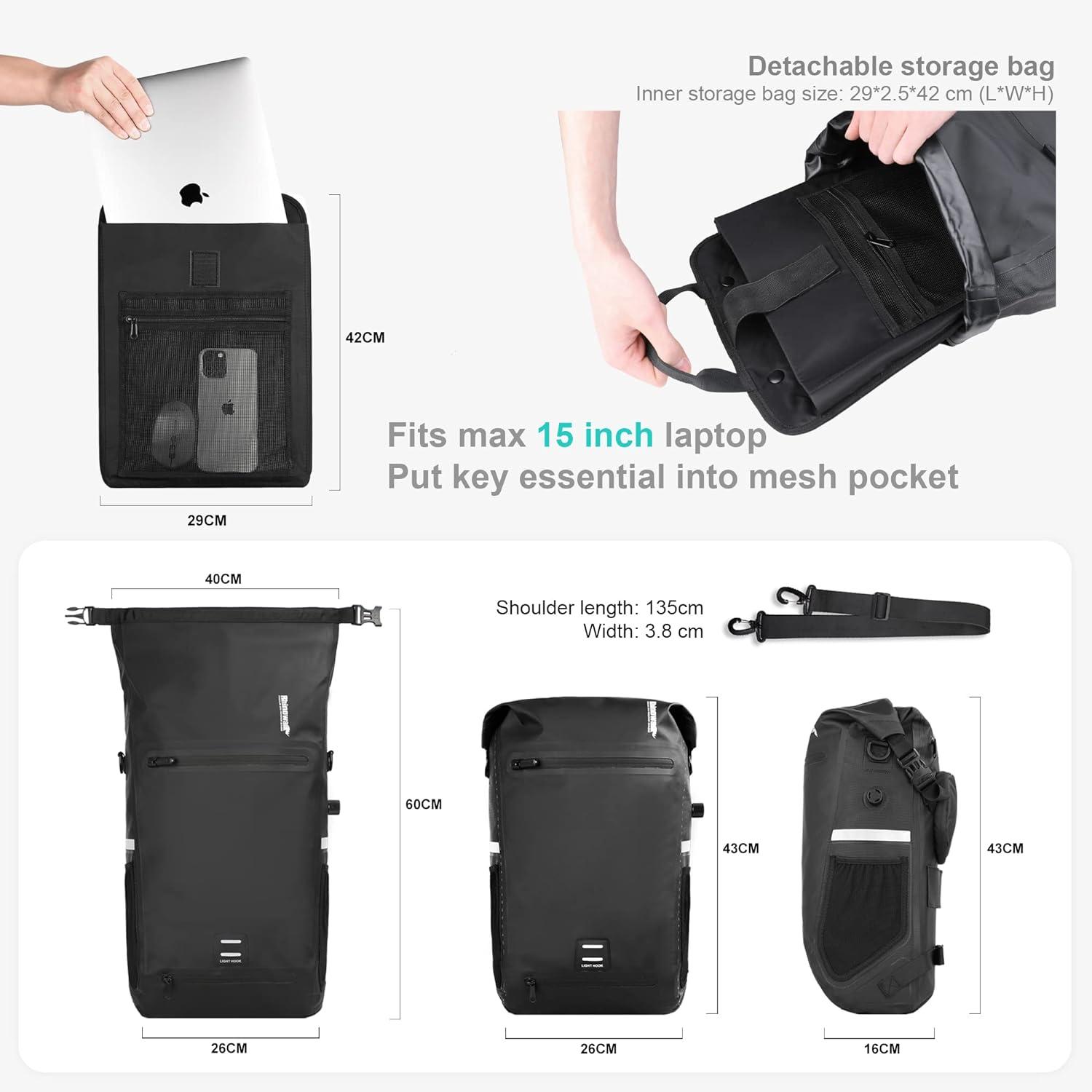 BAIGIO 3-in-1 Multifunktional Wasserdichte Fahrradtasche 22-25L Rucksack Schwarz