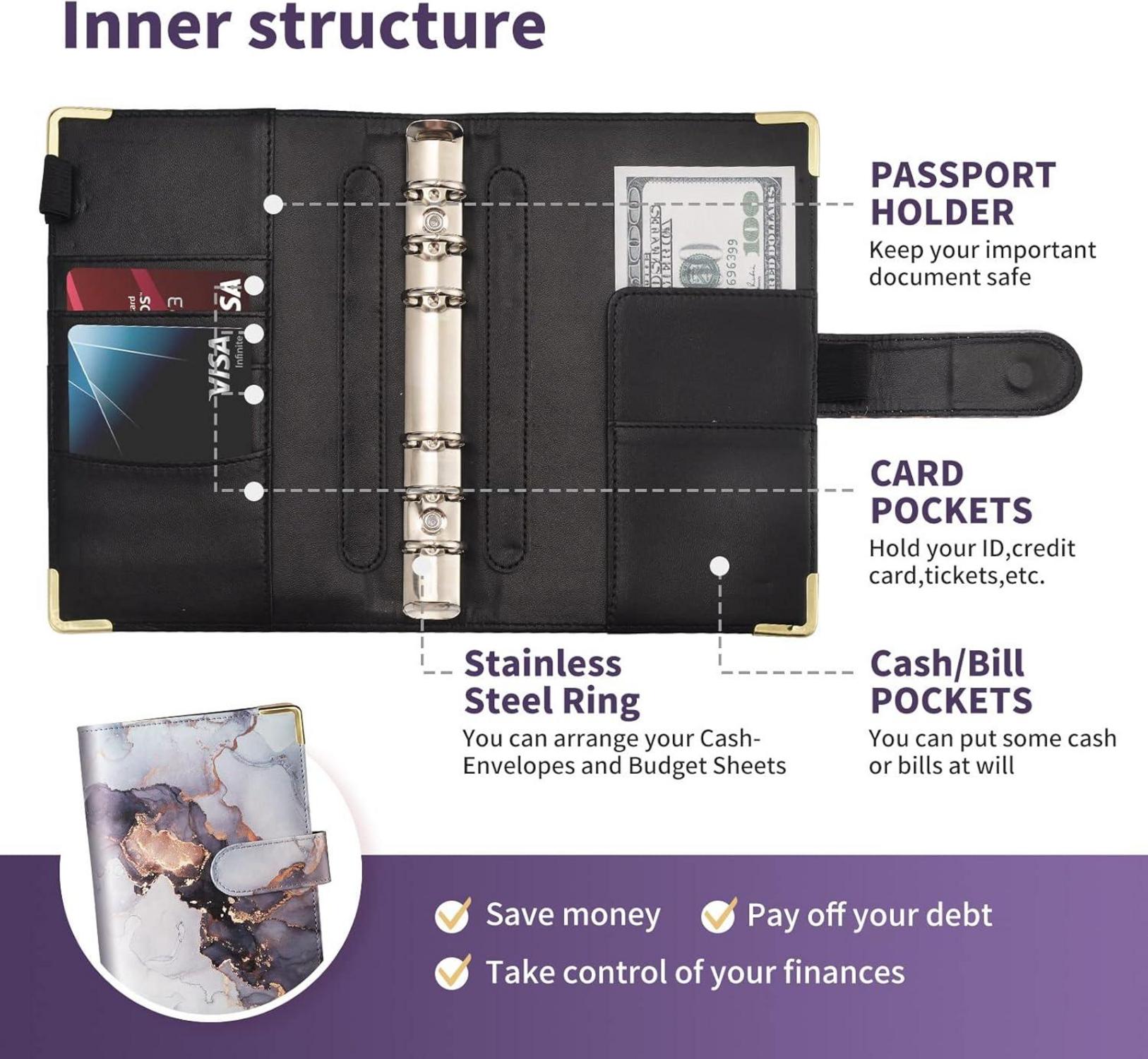 Budget Binder A6 Marmor PU Leder Organizer 8 Reißverschluss Cash