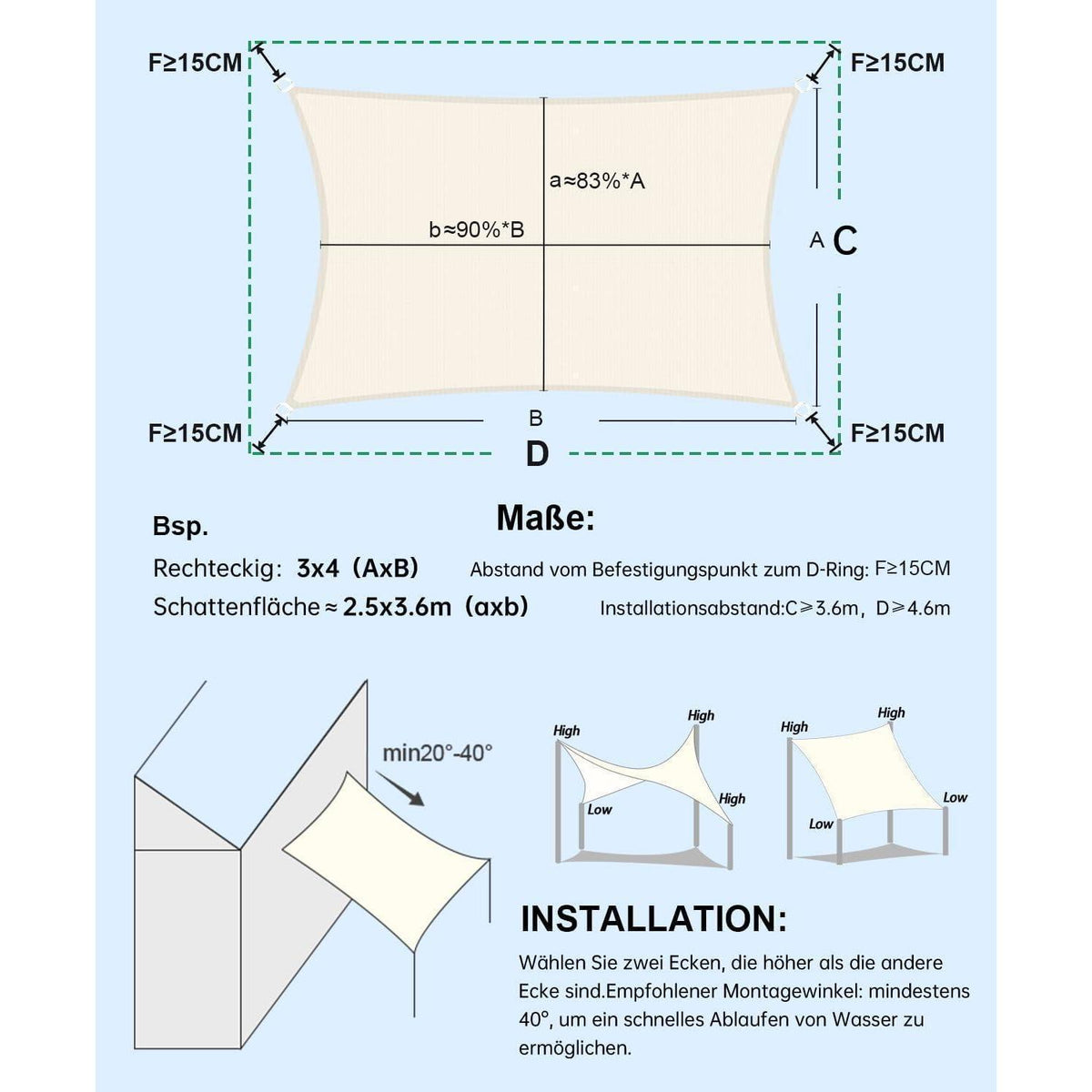 Wasserdichtes Sonnensegel 4x5m Cremeweiß UV-Schutz für Garten & Terrasse