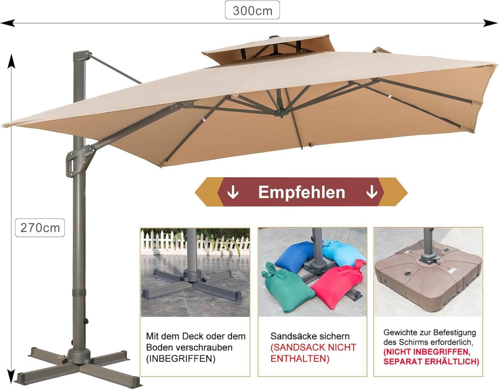 LKINBO Sonnenschirm 300x300cm mit Ständer und Kurbel, Neigbar 360°Drehbar, Windfest, Wasserdicht, Khaki