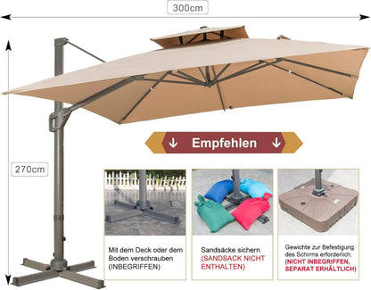 LKINBO Sonnenschirm 300x300cm mit Ständer und Kurbel, Neigbar 360°Drehbar, Windfest, Wasserdicht, Khaki