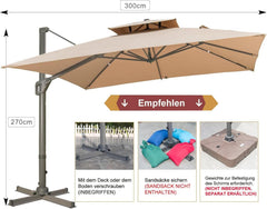 LKINBO Sonnenschirm 300x300cm mit Ständer und Kurbel, Neigbar 360°Drehbar, Windfest, Wasserdicht, Khaki