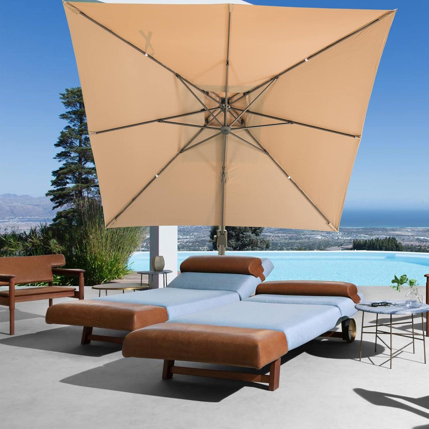 LKINBO Sonnenschirm 300x300cm mit Ständer und Kurbel, Neigbar 360°Drehbar, Windfest, Wasserdicht, Khaki