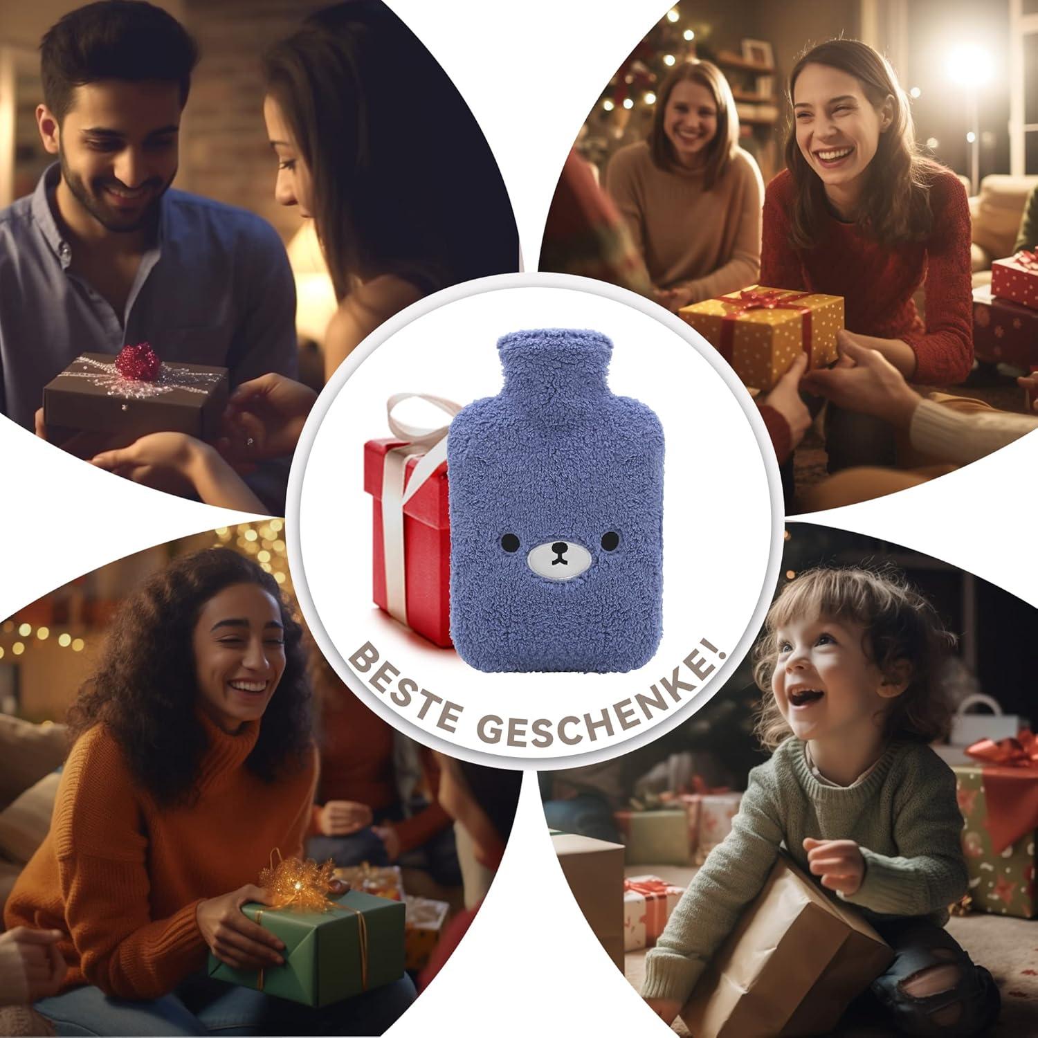 Große Wärmflasche 2L mit weichem Bezug, süßes Bär Design