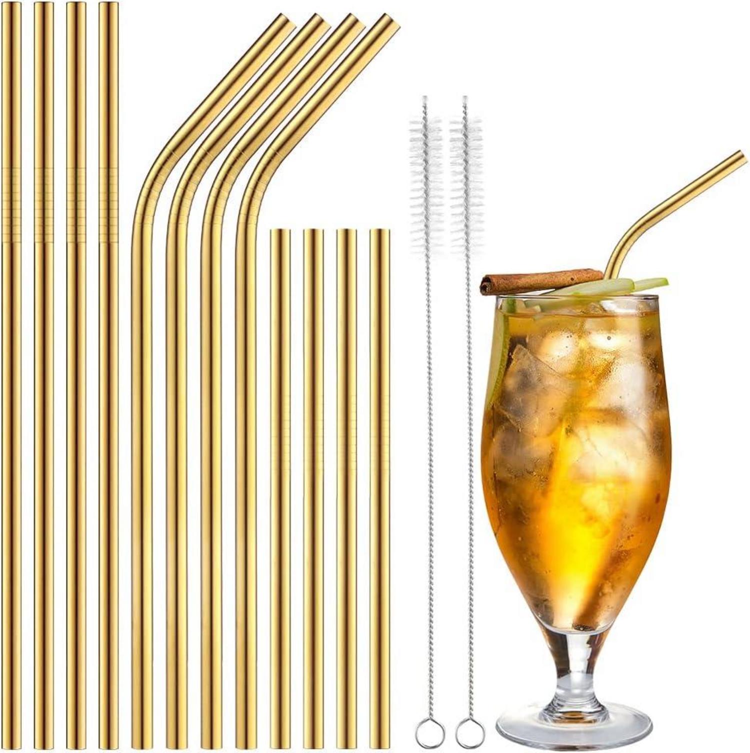 12er Metall Strohhalme Wiederverwendbar Edelstahl Gold BPA-frei